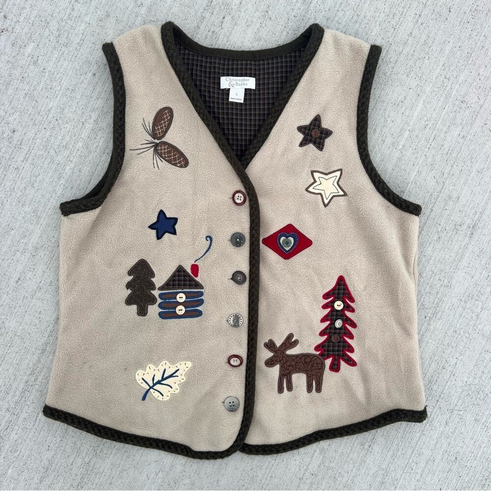 VTG Christopher & Banks Fleece Woodland Winter Christmas Beige Vest Appliqué L